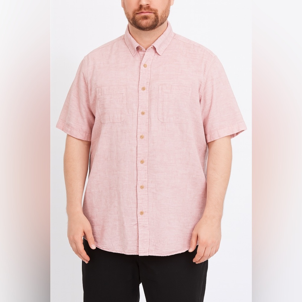Roundtree & Yorke Linen Cotton Short Sleeve Button Up Shirt Pink Large
